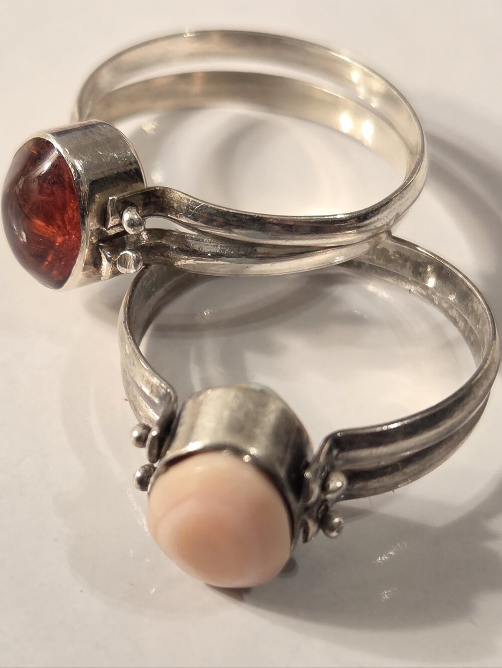 Sterling Silver Stackable Rings with Red Amber and Peach Coral Cabochons
